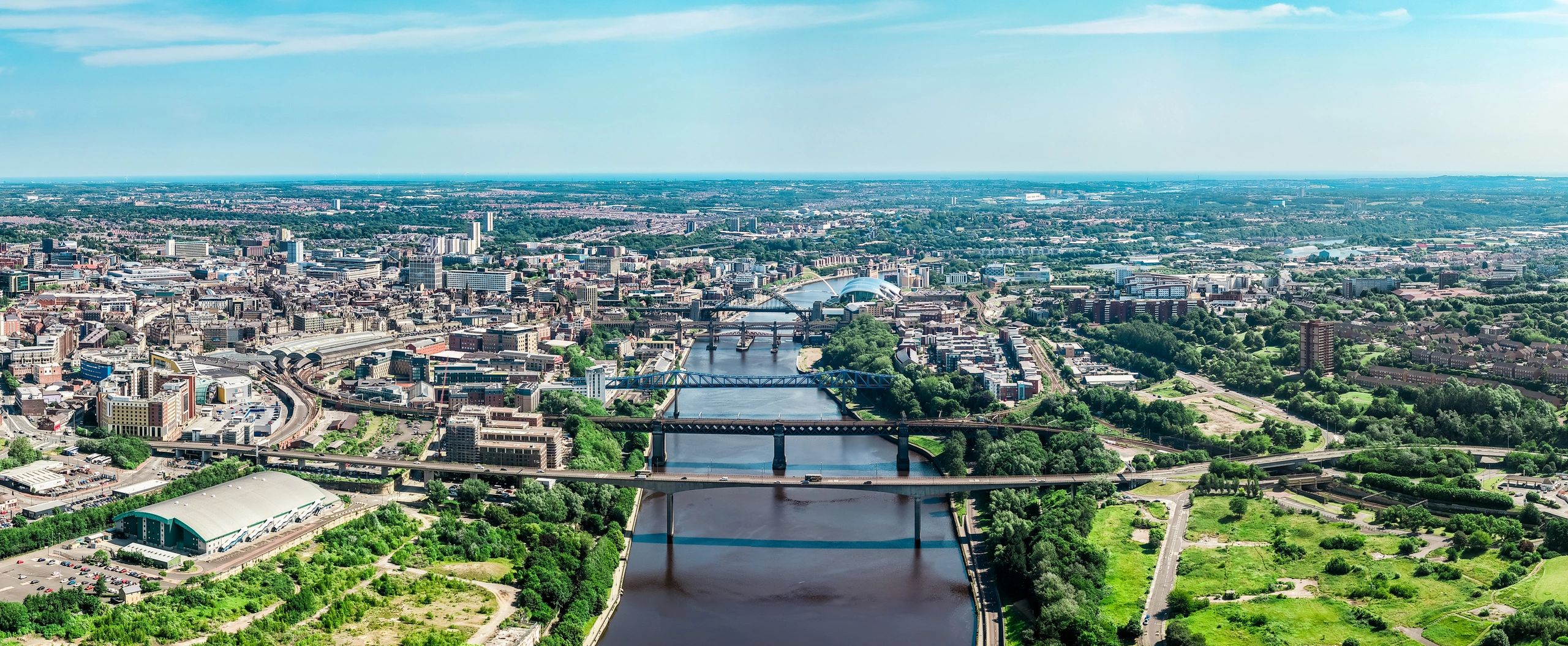 Aerial view of a city and bridges